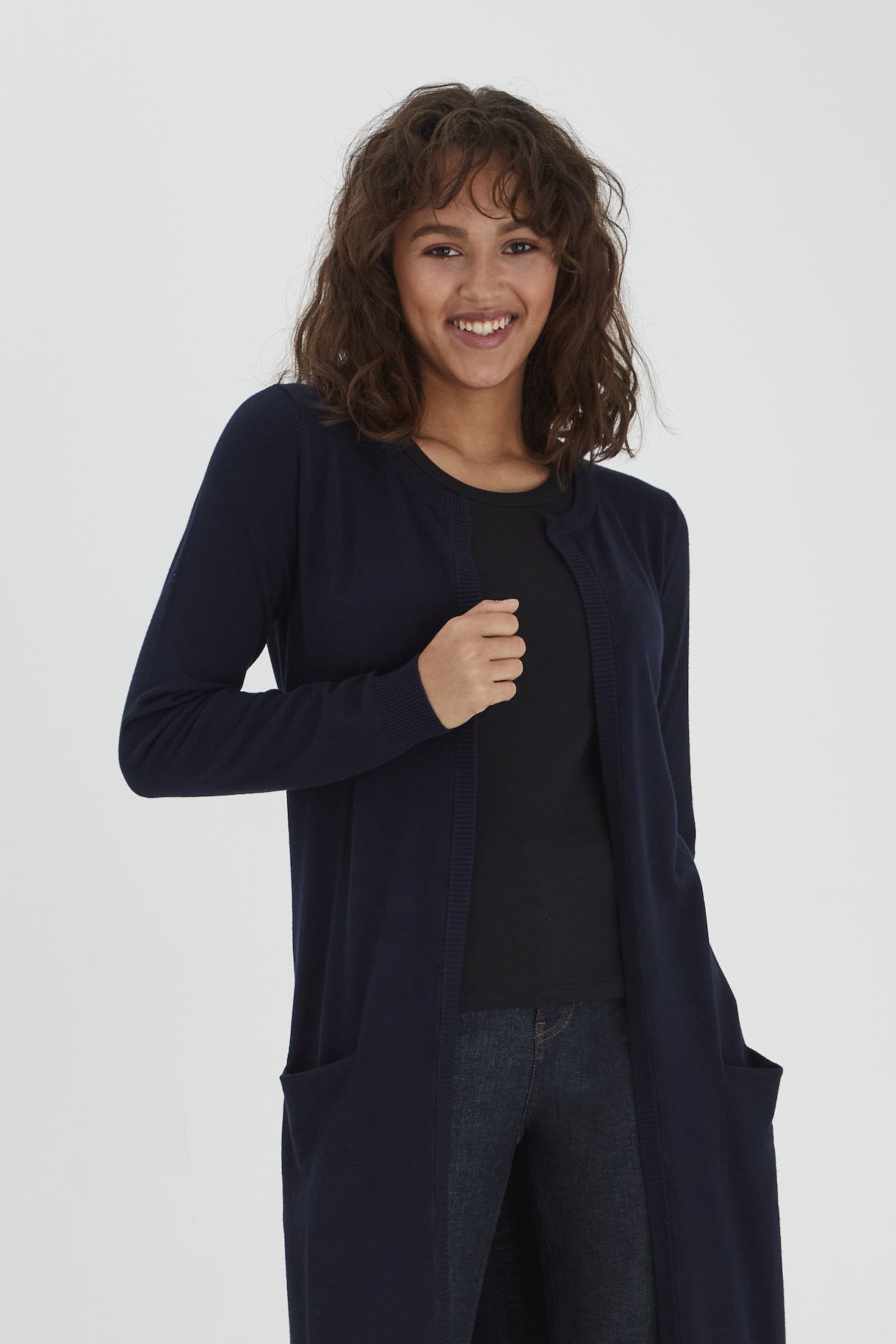 LANG CARDIGAN M/ LOMMER- STRIKKET-MARINE