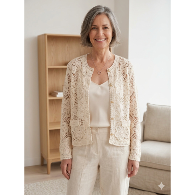 "Heklet" Cardigan /gullknapper 144-201
