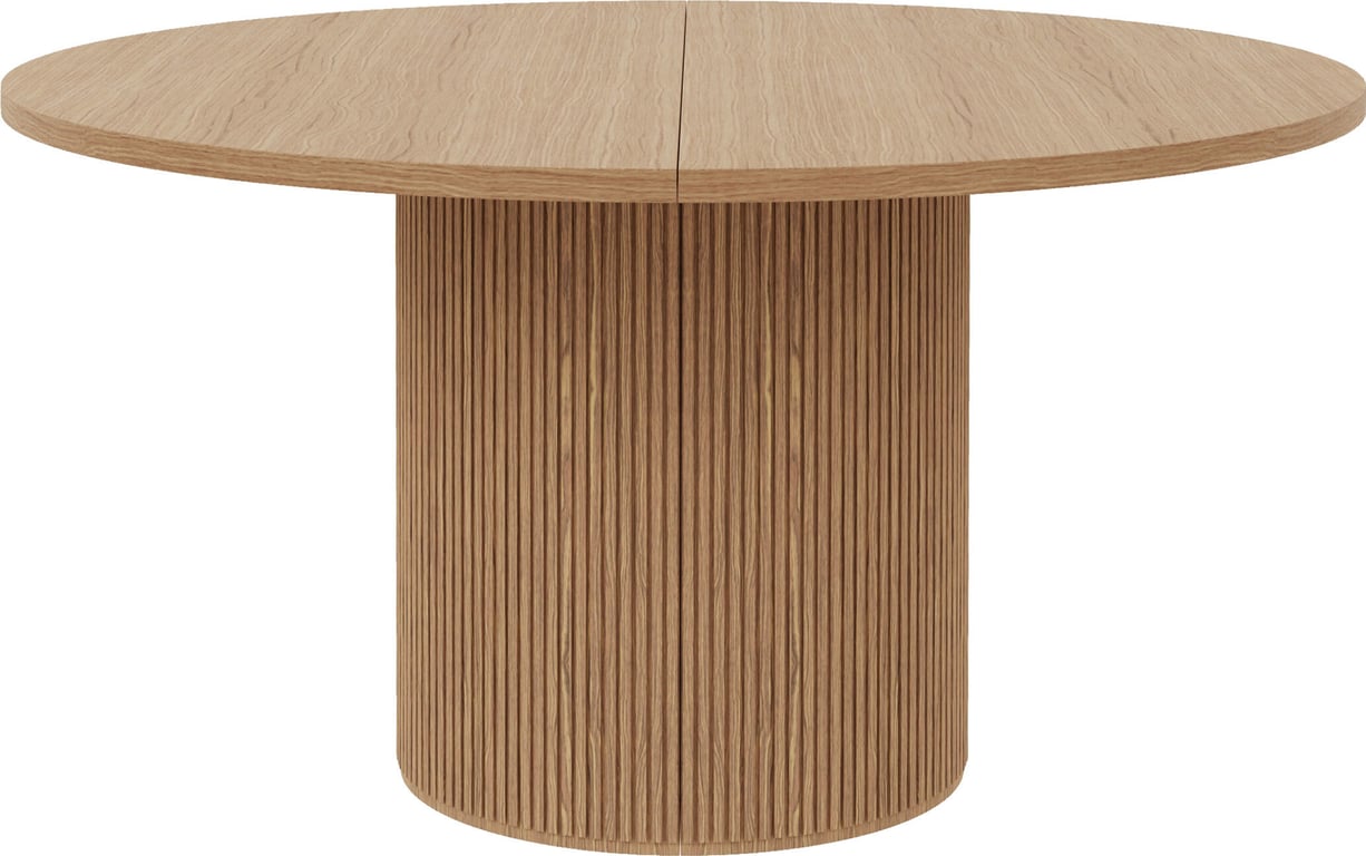 Linea spisebord rundt Ø 138 cm m/uttrekk for opptil 4 plater, lys naturoljet, spilesokkel